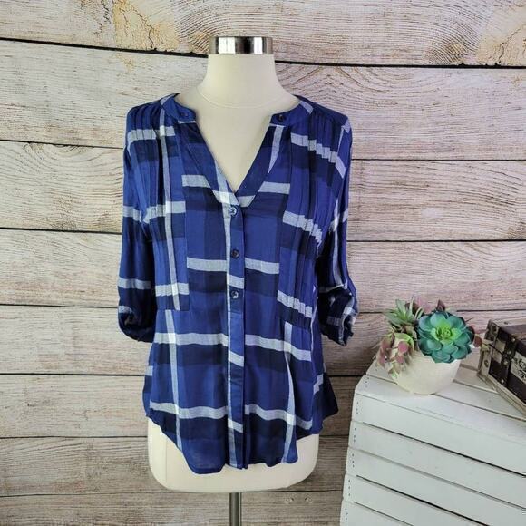 Harper Women's Plaid Flannel Collarless Henley Button-up Shirt Blue Small‎ - Picture 1 of 8